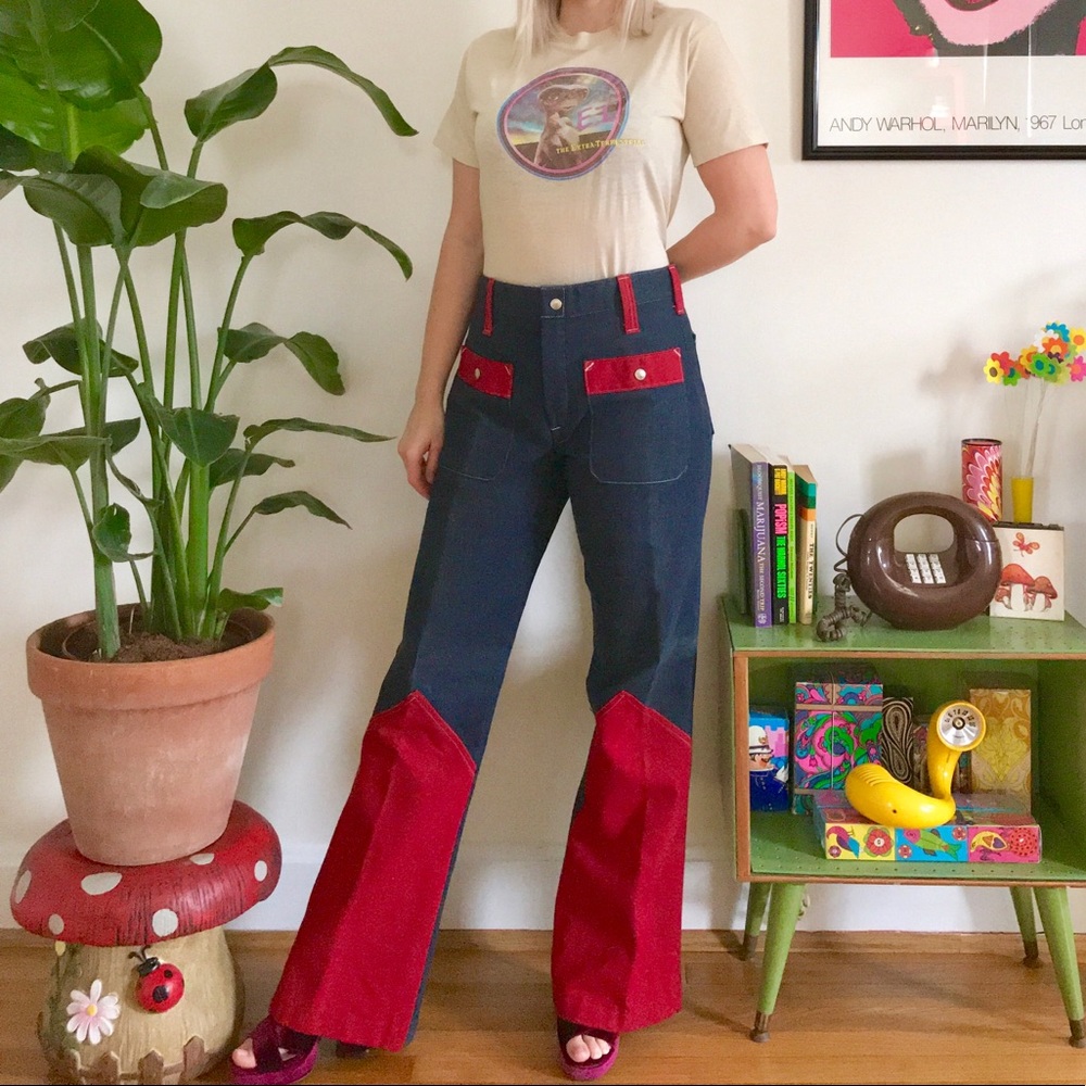 Vintage 60s red color block flares unisex jeans - Picture 1 of 5
